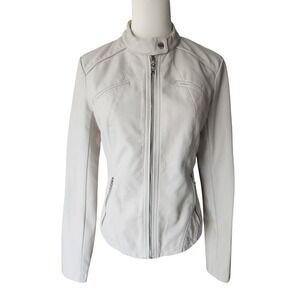 Guess Womens Cream Faux Leather Moto Jacket Floral Lace Lining Small